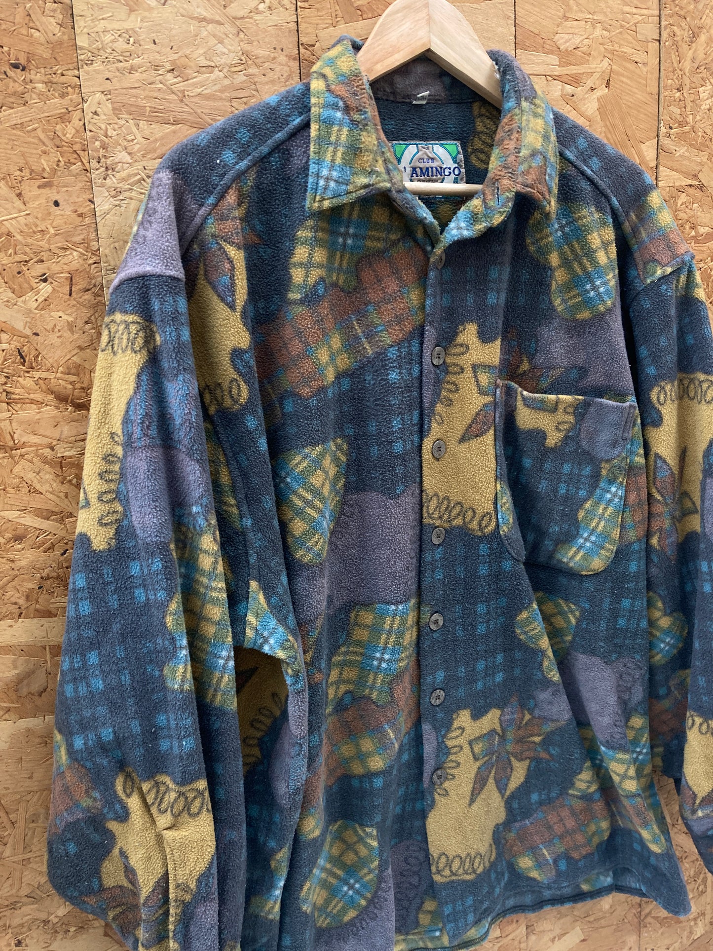 Vintage 90s mauve mustard abstract pattern fleece overshirt size 44 boxy fit