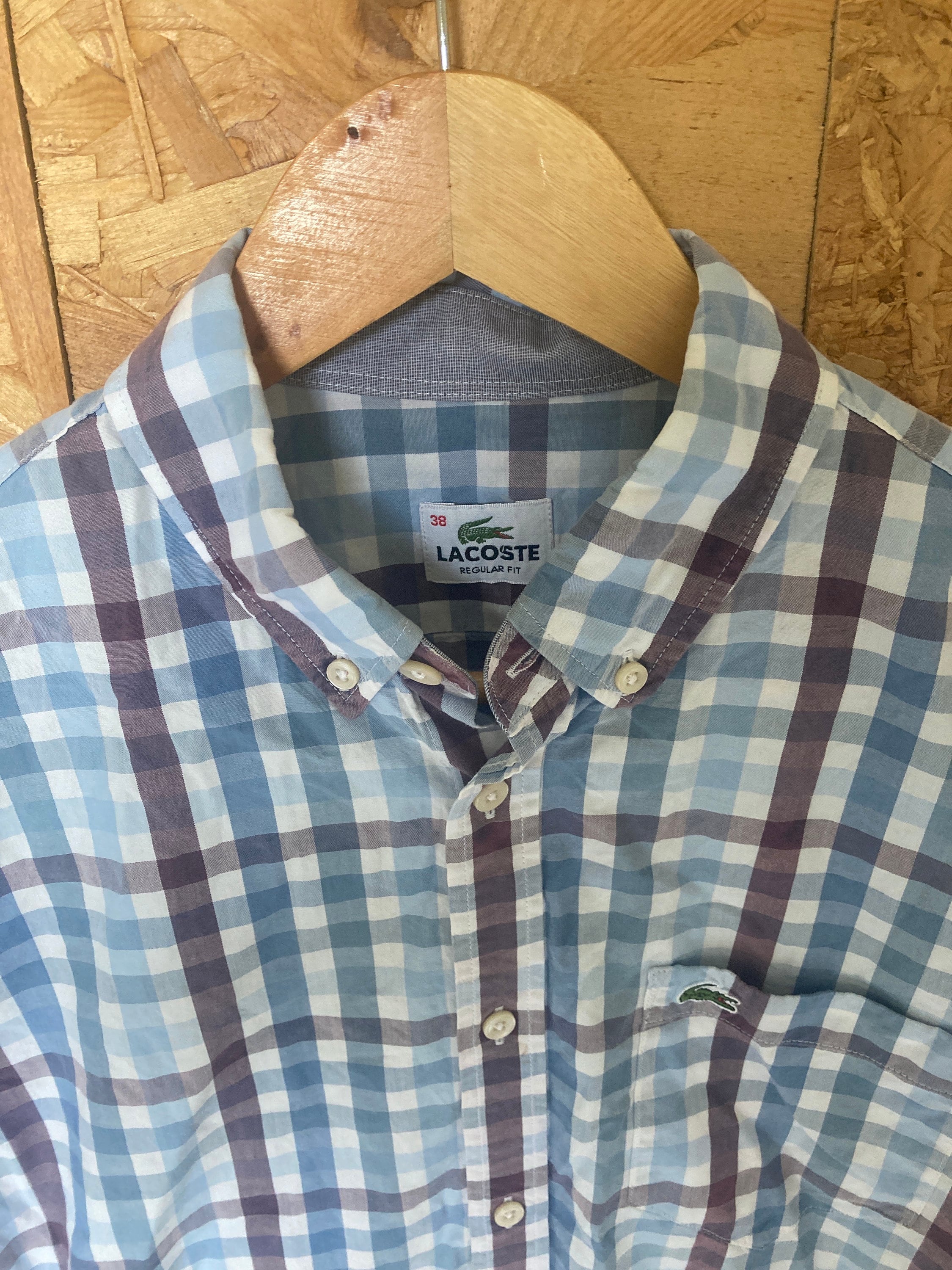 Vintage Y2K Lacoste blue white burgundy check short sleeve Mod skinhead retro punk shirt size small
