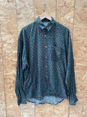 Vintage Y2K dark green red paisley monogram chequered pattern long sleeve 100% viscose shirt size XL