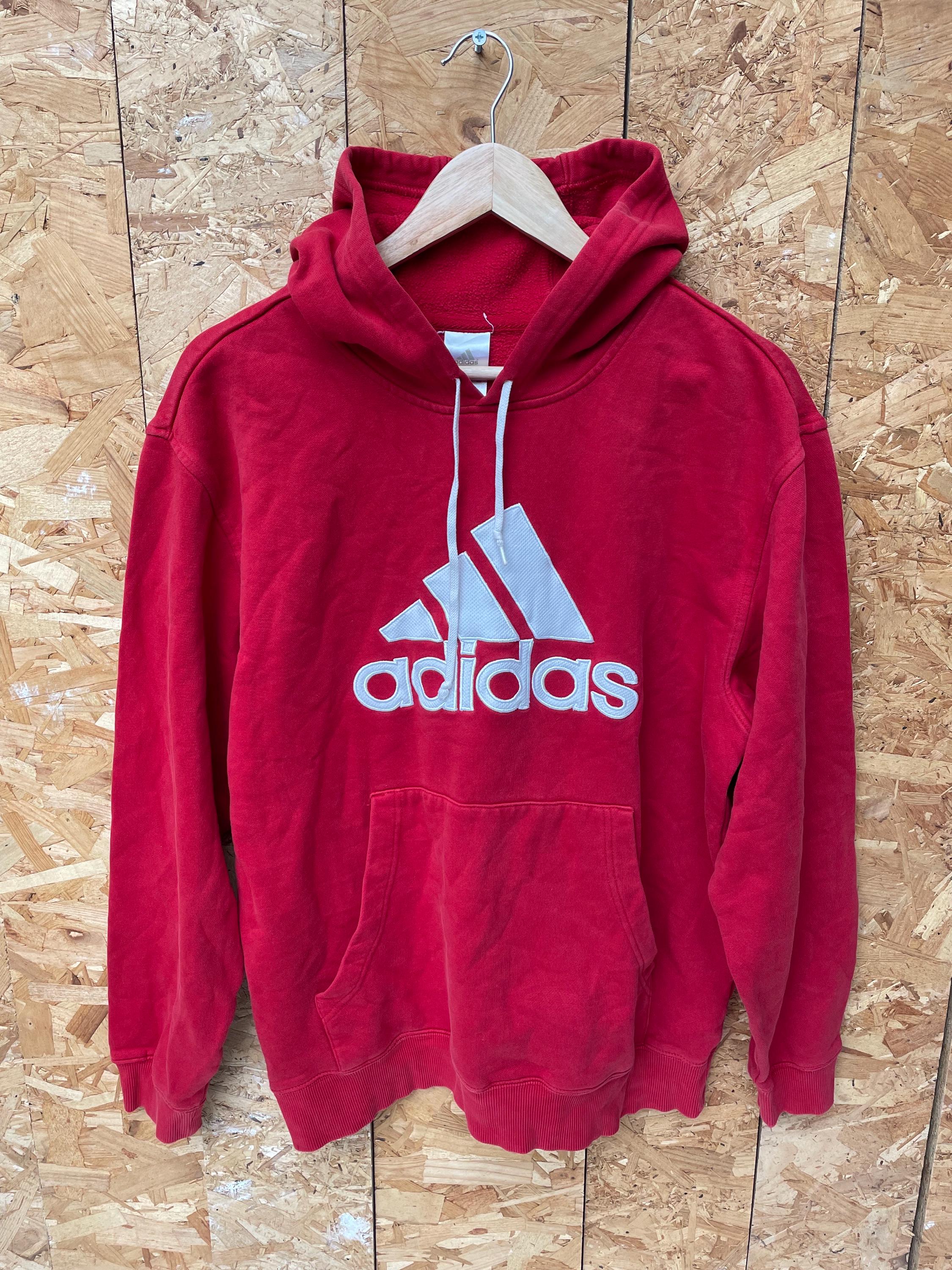 Vintage Y2K Adidas red spell out embroidered stripe logo hoodie size medium
