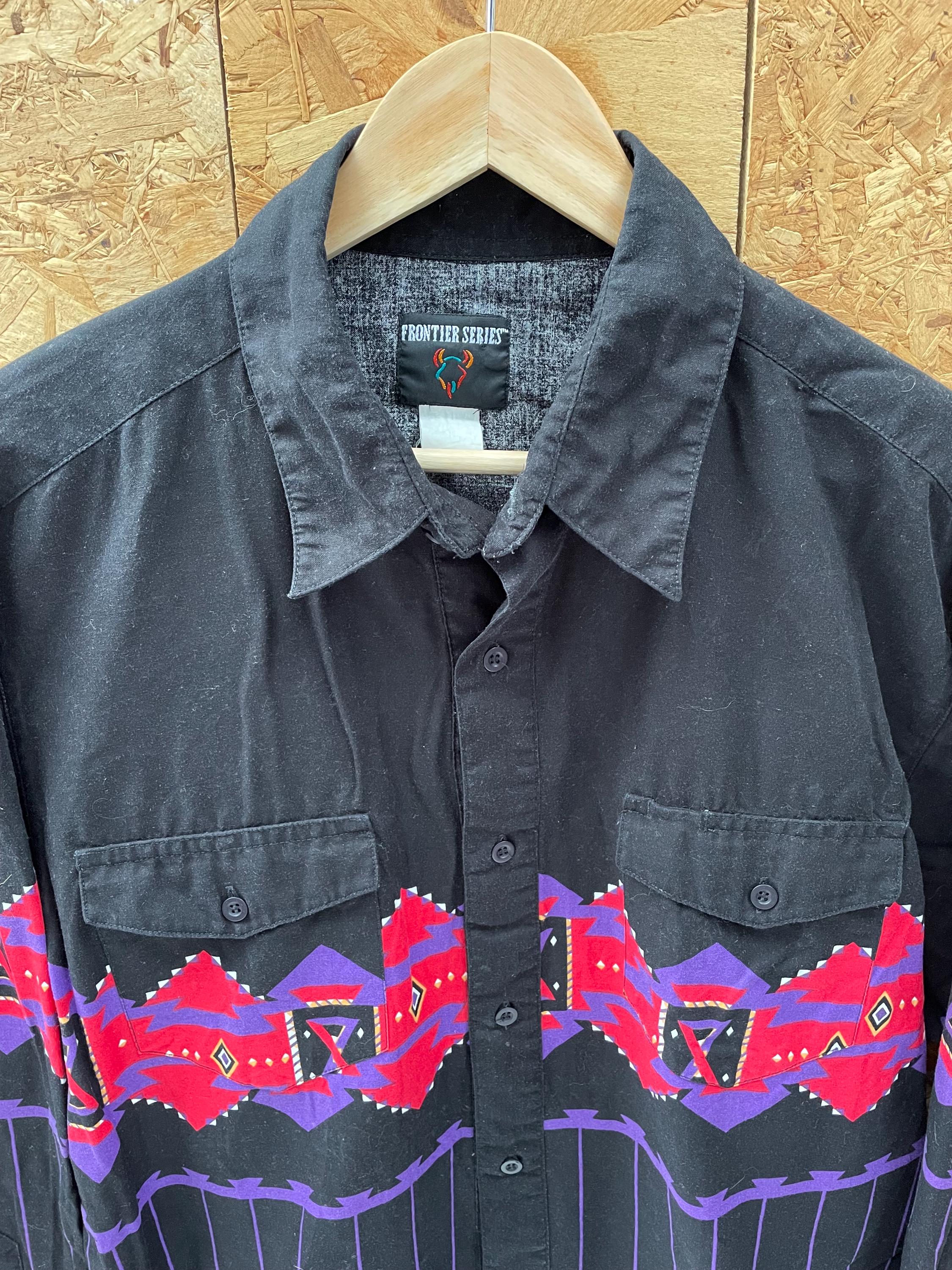 Vintage 90s black cotton western shirt with purple Aztec Navajo chest band pattern size large by Fro