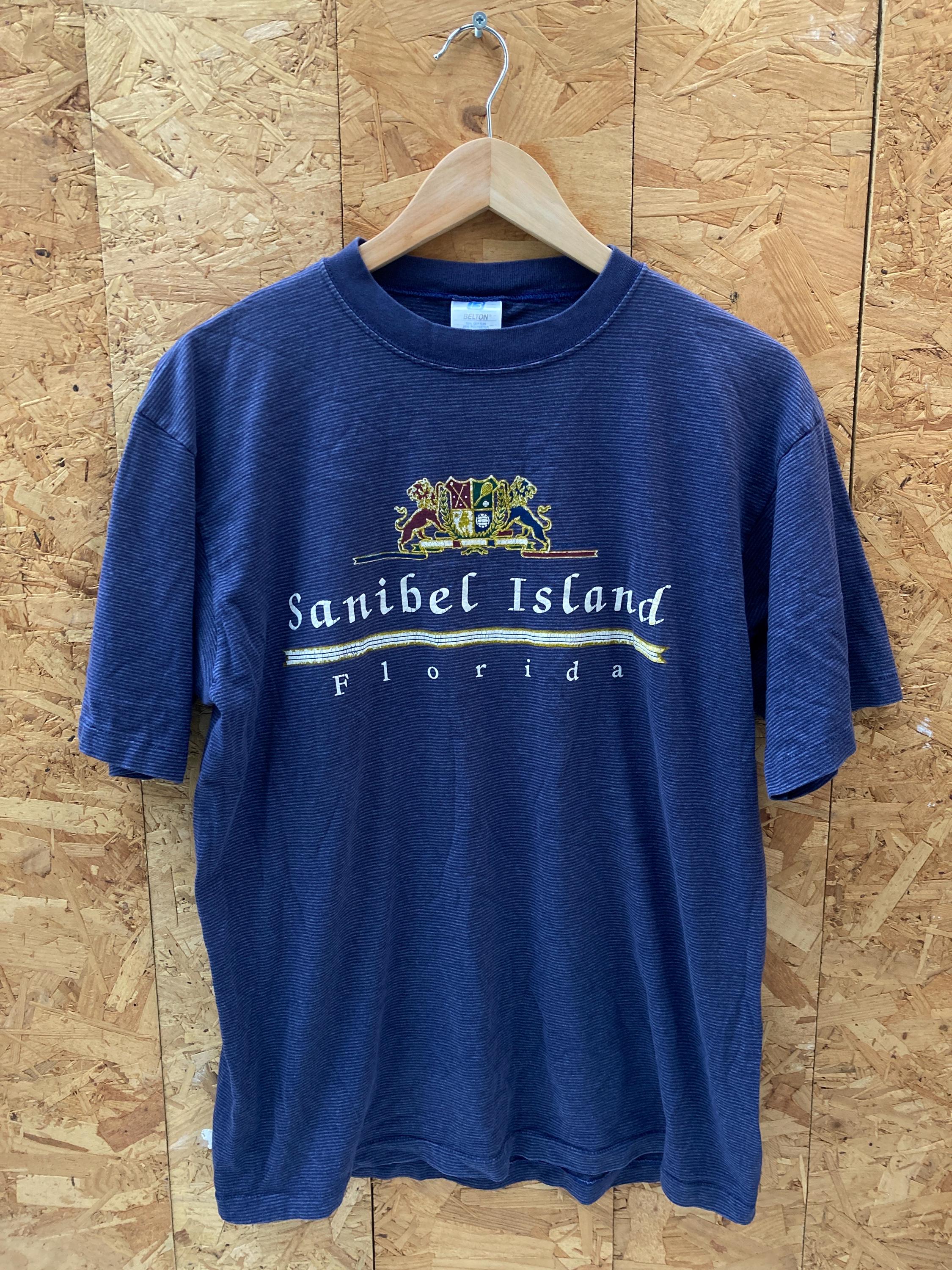 Vintage 90s Sanibel Island Florida USA souvenir navy blue grey stripe single stitch t shirt size lar