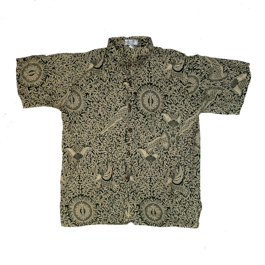 Vintage 90s olive batik paisley block print pattern cotton shirt size medium