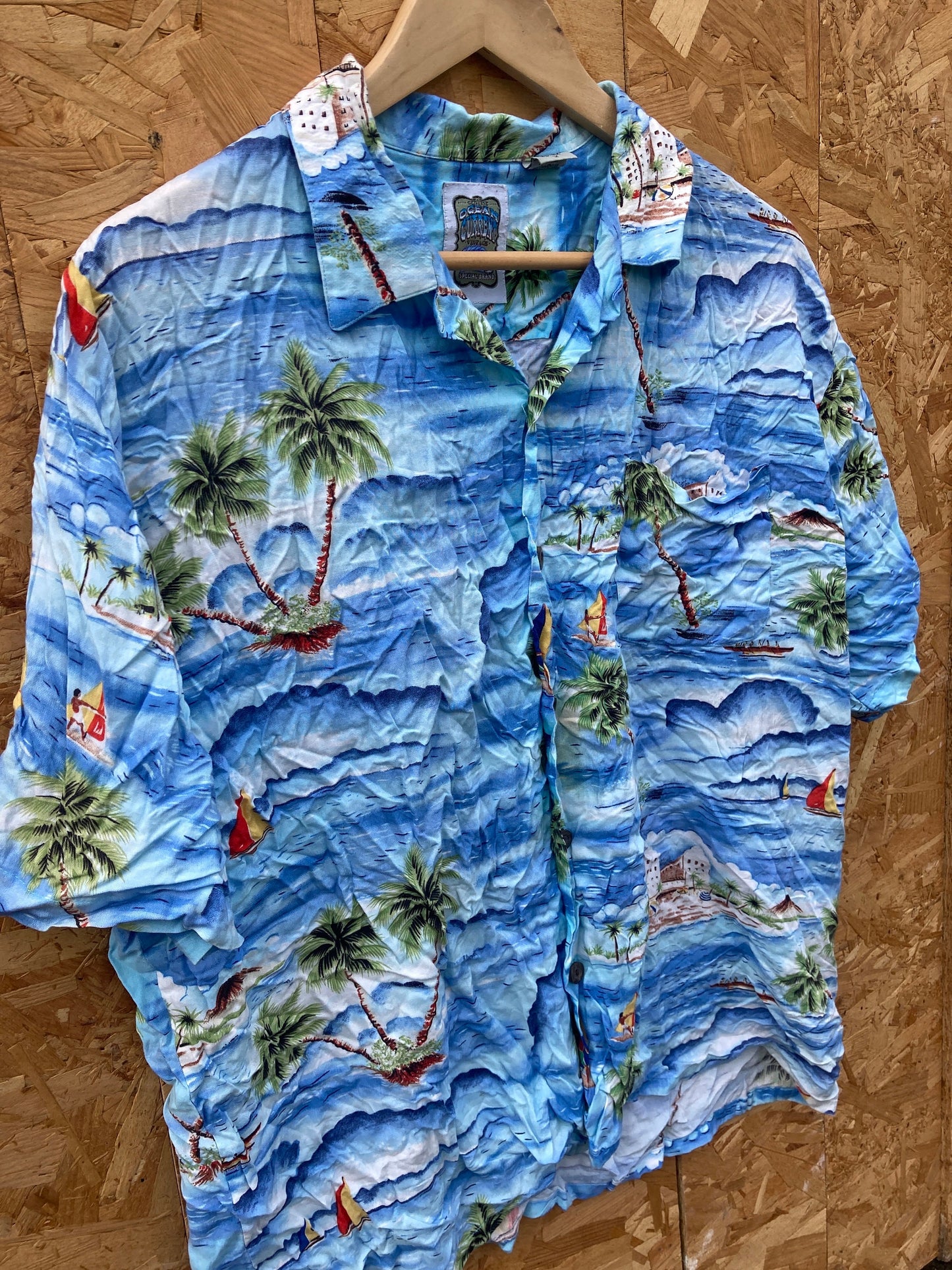 Vintage 90s mens light blue tropical island print Hawaiian eccentric statement quirky party festival