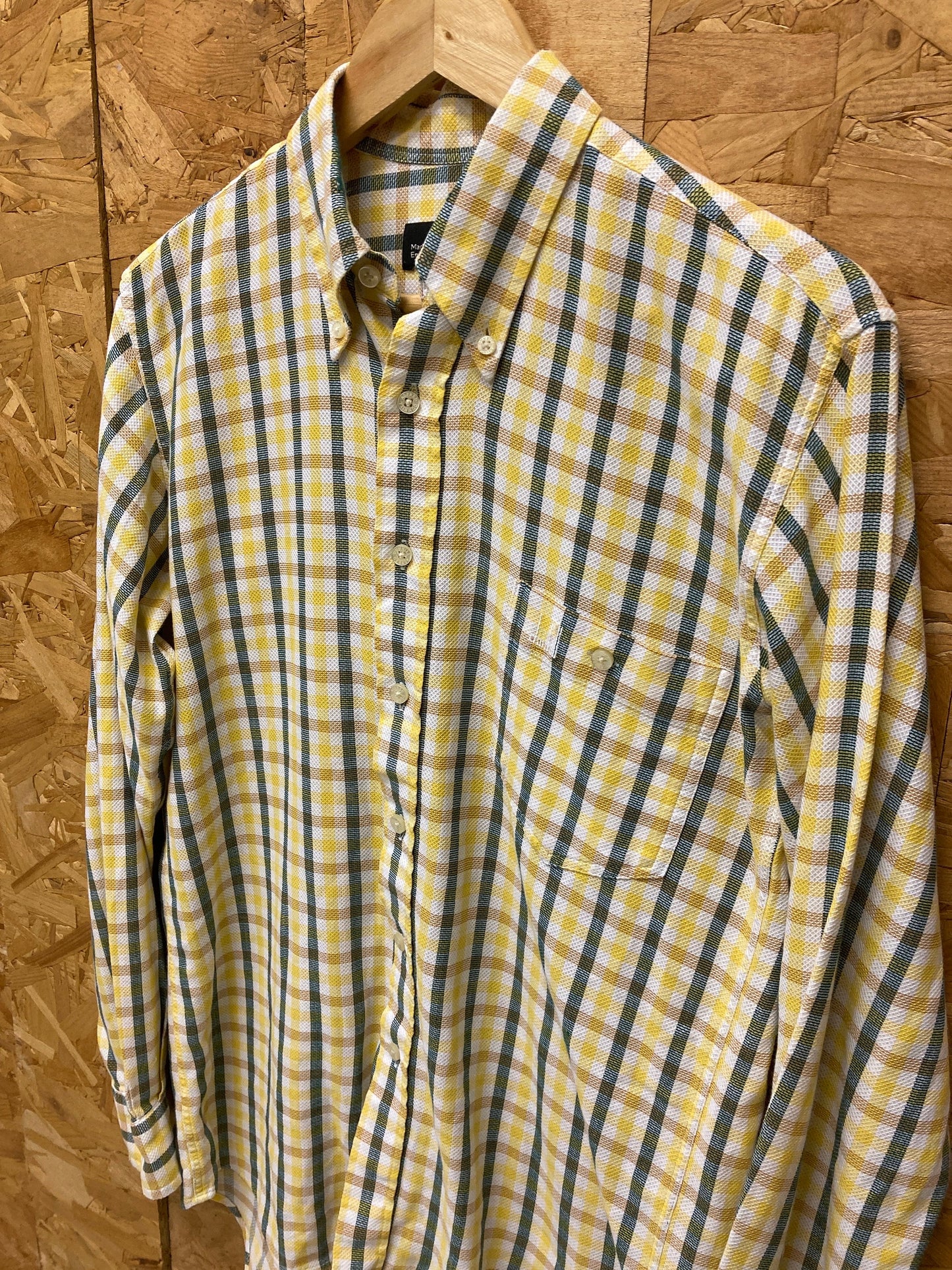 Vintage 90s Dunhill mustard yellow green white flannel check brushed cotton shirt size small