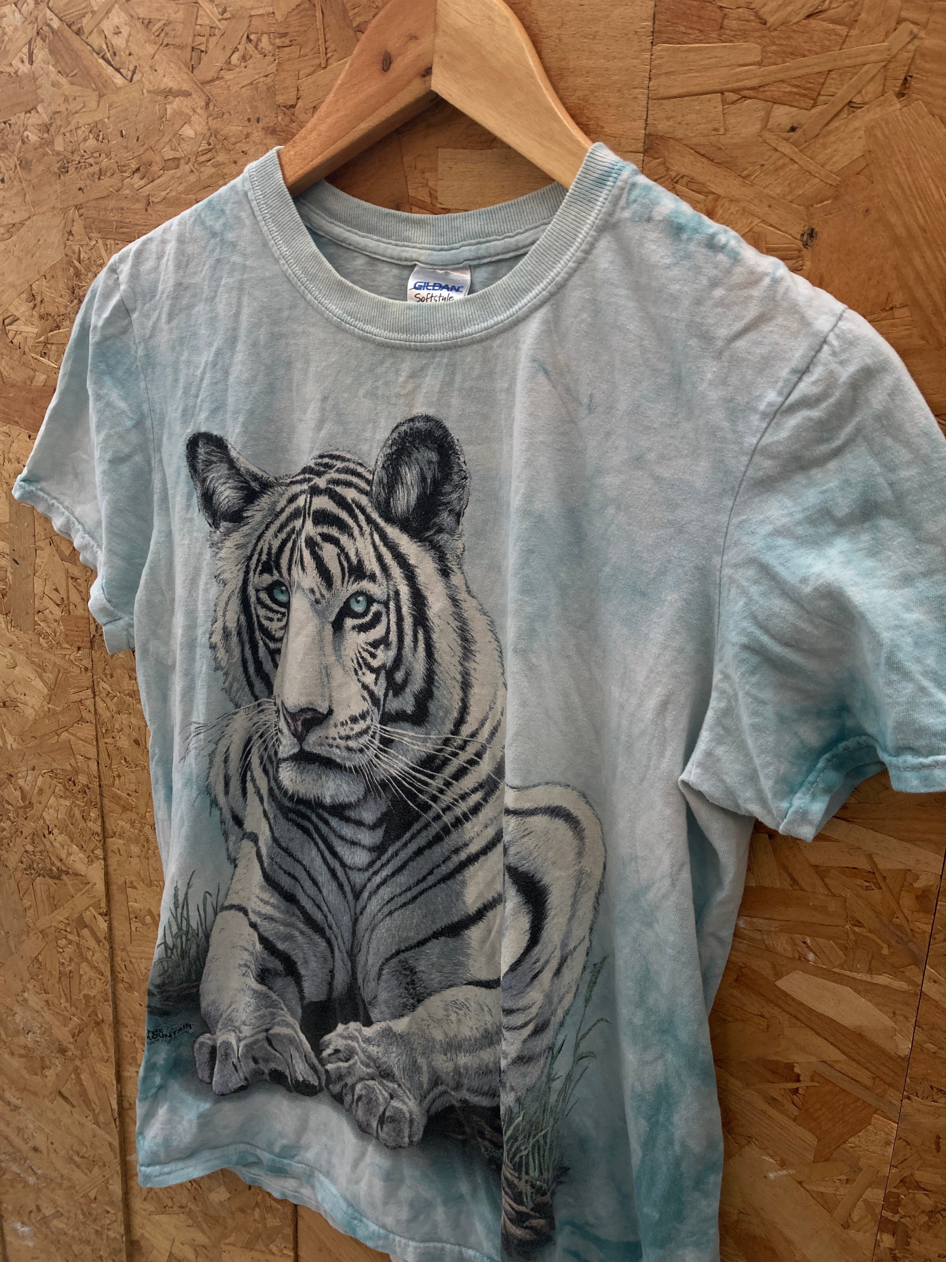 Vintage Y2K blue tie-dye white realistic tiger animal print t-shirt size small