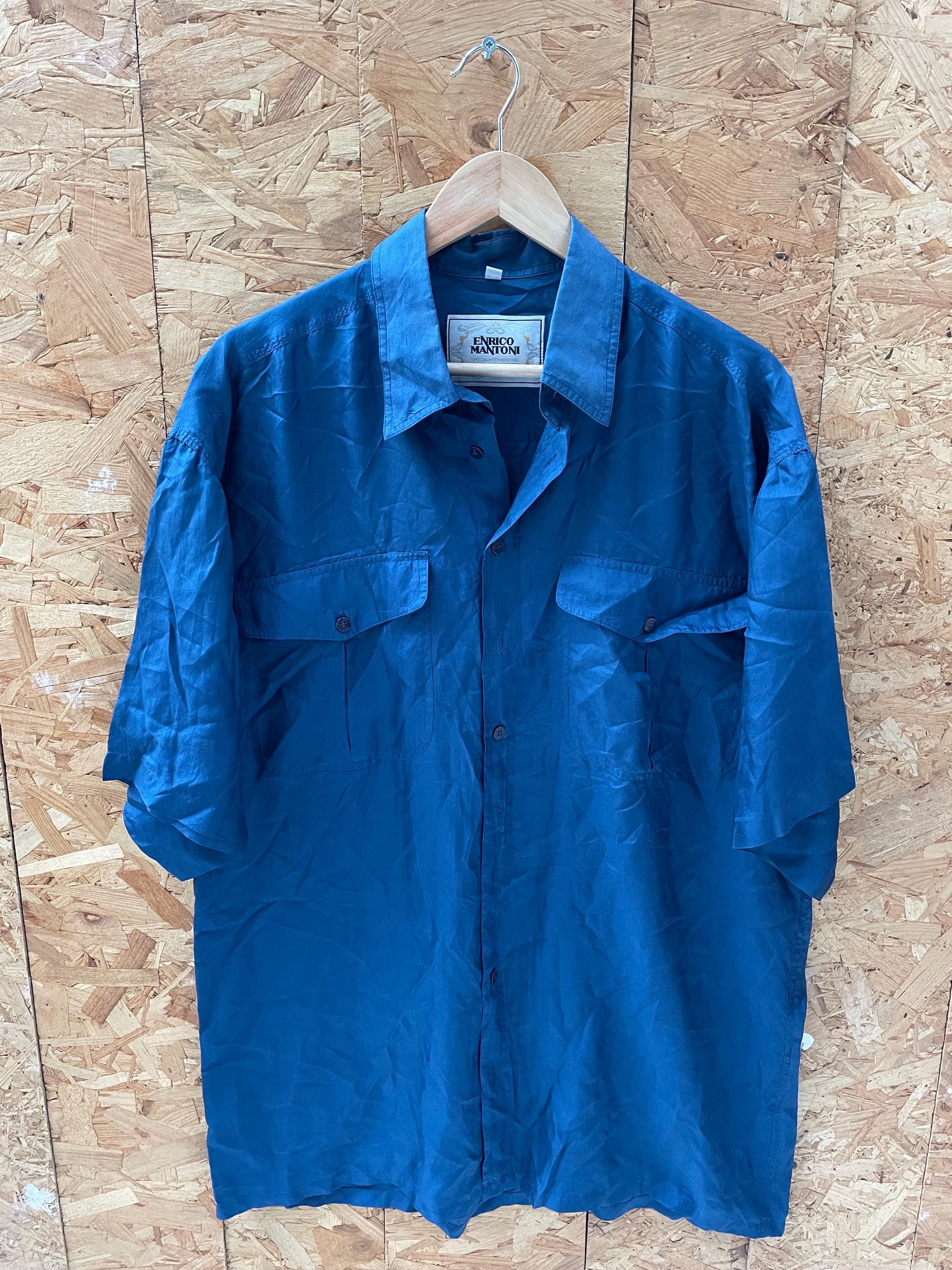Vintage 90s navy blue 100% pure silk satin oversized short sleeve shirt size large by Enrico Mantoni
