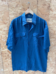 Vintage 90s navy blue 100% pure silk satin oversized short sleeve shirt size large by Enrico Mantoni