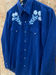 Vintage 90s blue embroidered flowers western cowboy ranch shirt size small