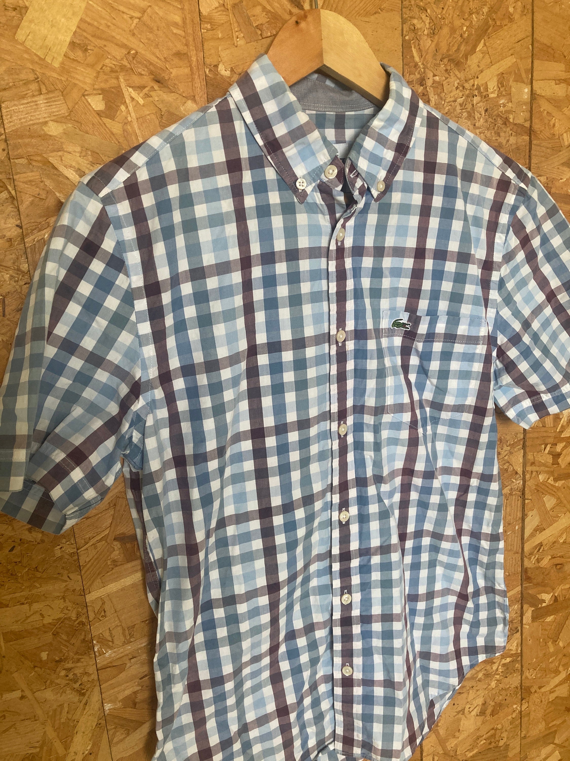 Vintage Y2K Lacoste blue white burgundy check short sleeve Mod skinhead retro punk shirt size small
