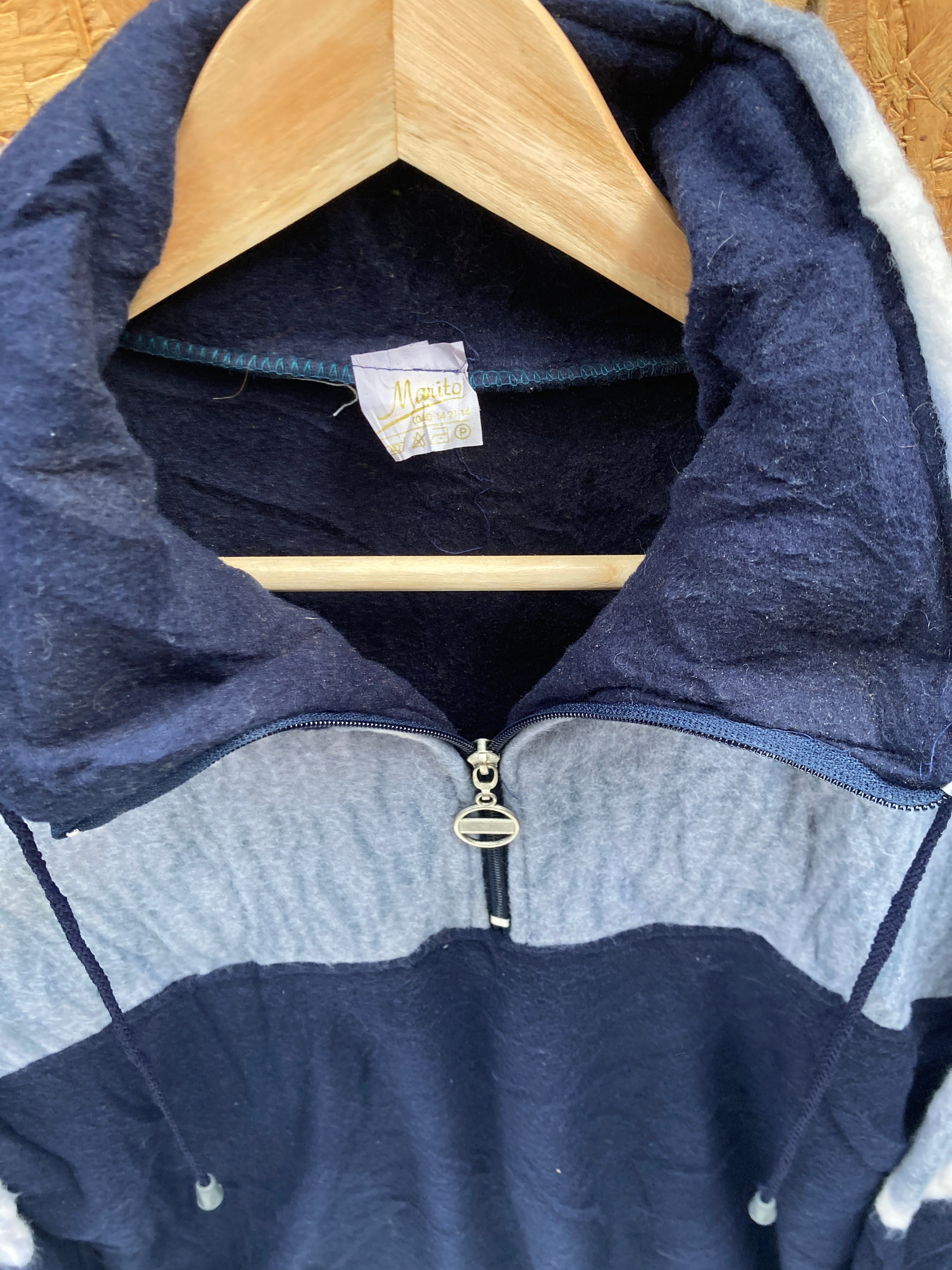 Vintage 80s navy blue grey abstract pattern 3/4 sleeve fleece quarter zip size L