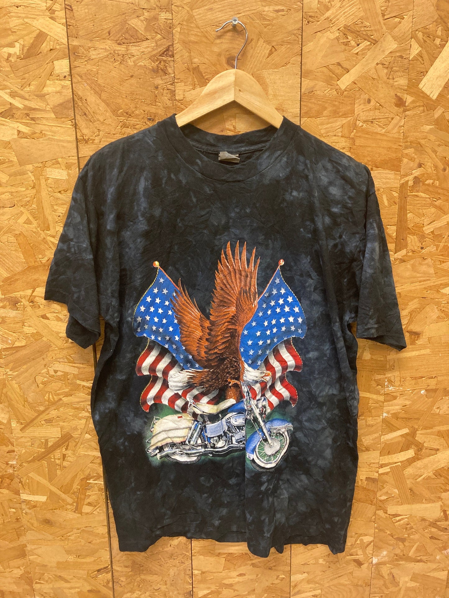 Vintage 90s American Eagle on Harley USA souvenir black tie dye patriotic t-shirt size large