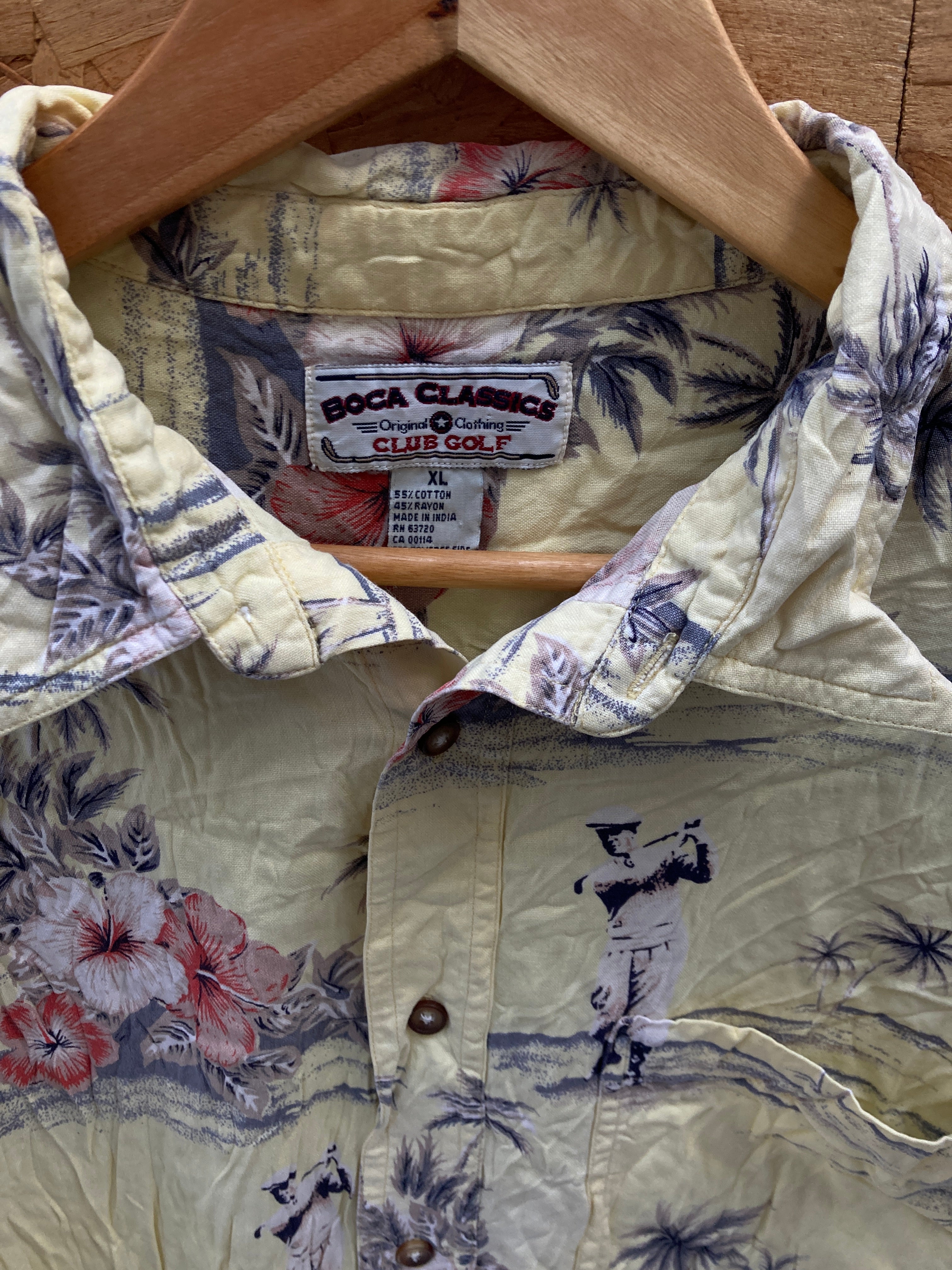 Vintage 90s rayon cotton pastel yellow golf player floral Hawaiian shirt size XL