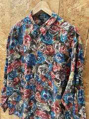 Vintage 90s bold floral roses blue pink green abstract pattern long sleeve rayon shirt size XL by St