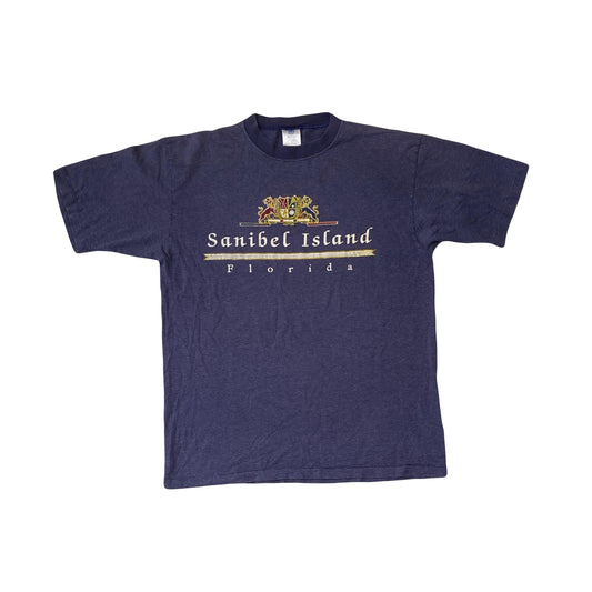 Vintage 90s Sanibel Island Florida USA souvenir navy blue grey stripe single stitch t shirt size lar