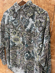 Vintage 90s ugly abstract grungy green brown paisley pattern long sleeve viscose shirt size large by