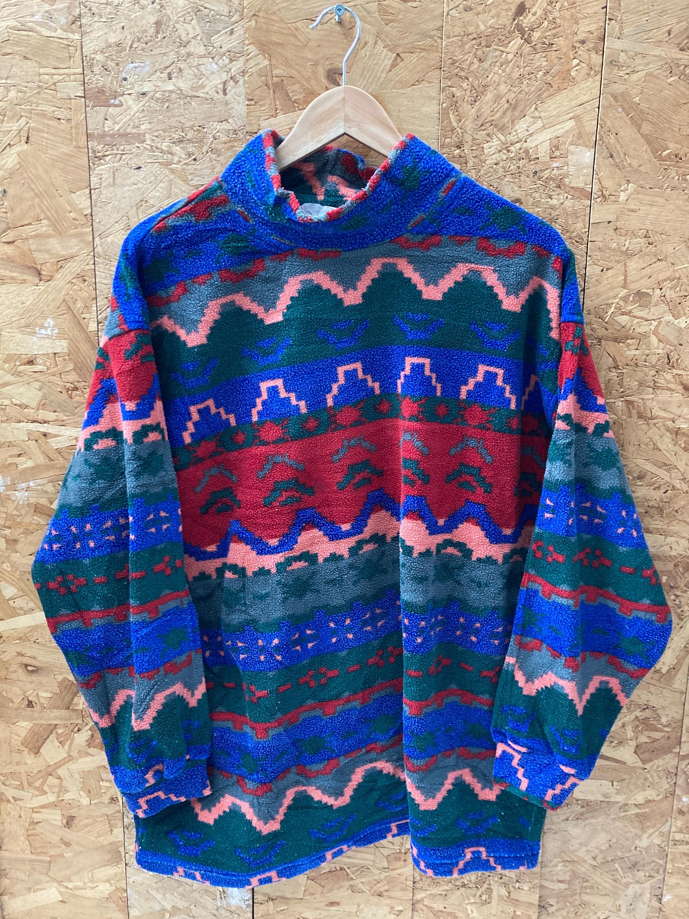 Vintage 90s multicolor aztec pattern crazy print roll neck fleece jumper size XL