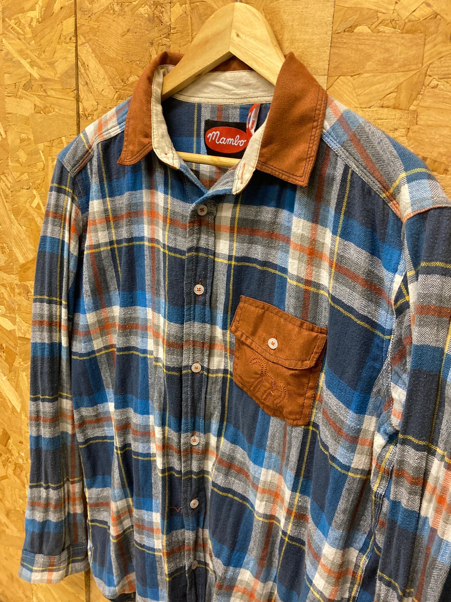 Vintage 90s Mambo blue brown chunky check brushed cotton western shirt size XL