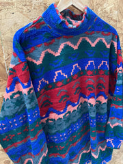 Vintage 90s multicolor aztec pattern crazy print roll neck fleece jumper size XL