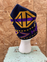 Vintage Geometric Knit Beanie Ski Winter sports Hat Navy Purple Yellow