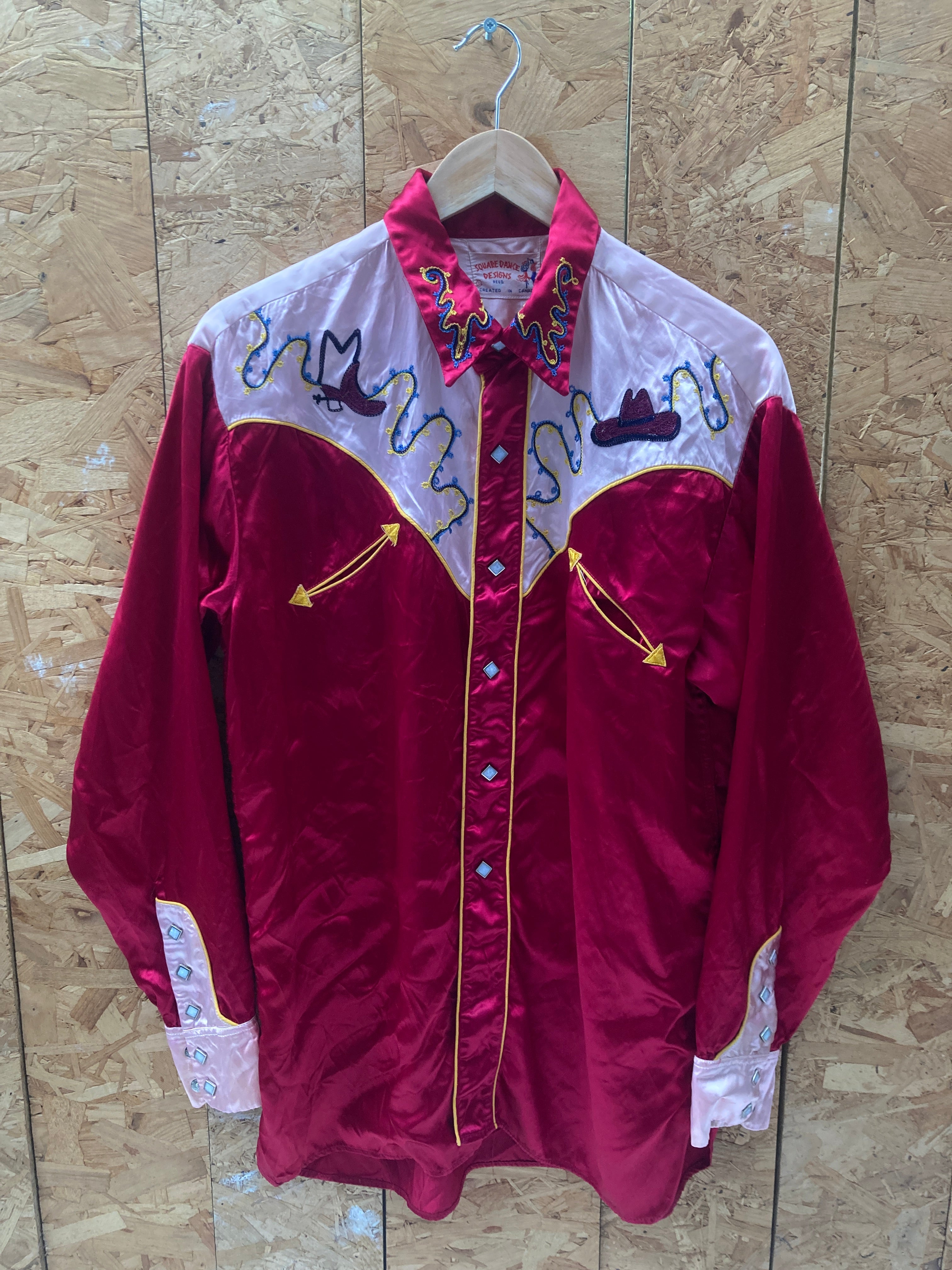 Vintage 50s satin red beige southwestern cowboy stage shirt size large