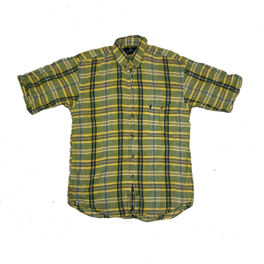 Vintage 90s green yellow flannel check short sleeve shirt by Gentleman Farmer size small