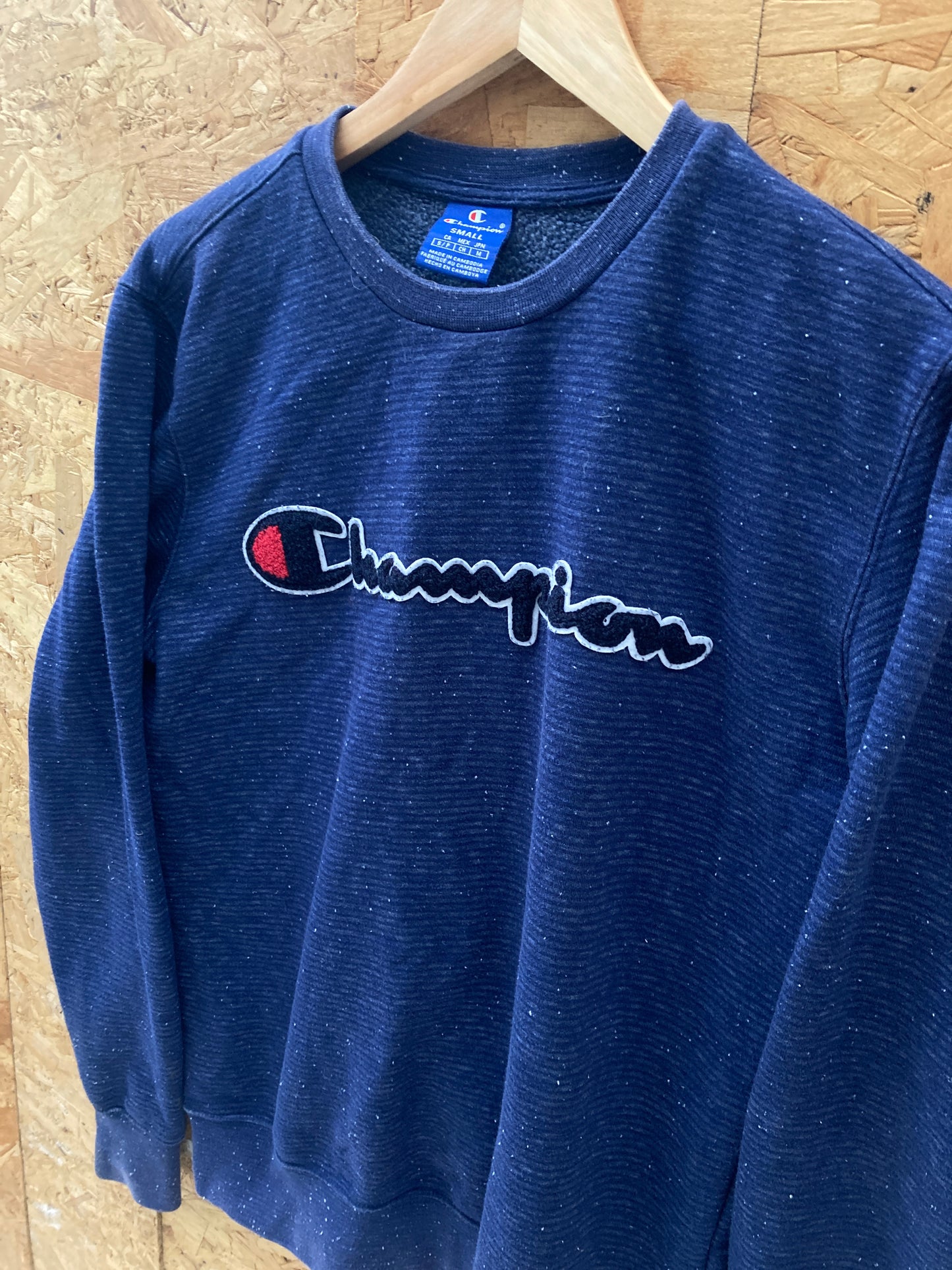 Vintage Y2K blue striped Champion embroidered spellout sweater size small