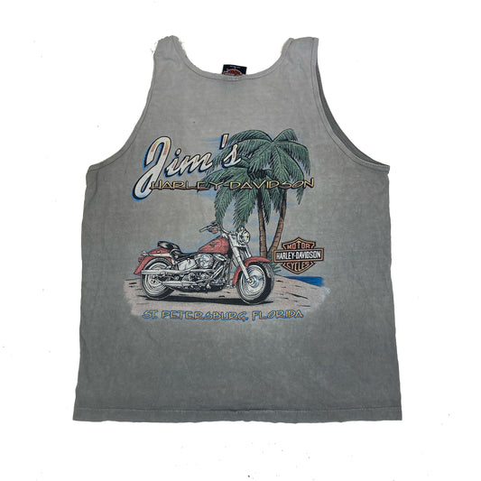 Vintage 90s Harley Davidson Jim’s St Petersburg beach Florida grey double print vest gym sleeveless