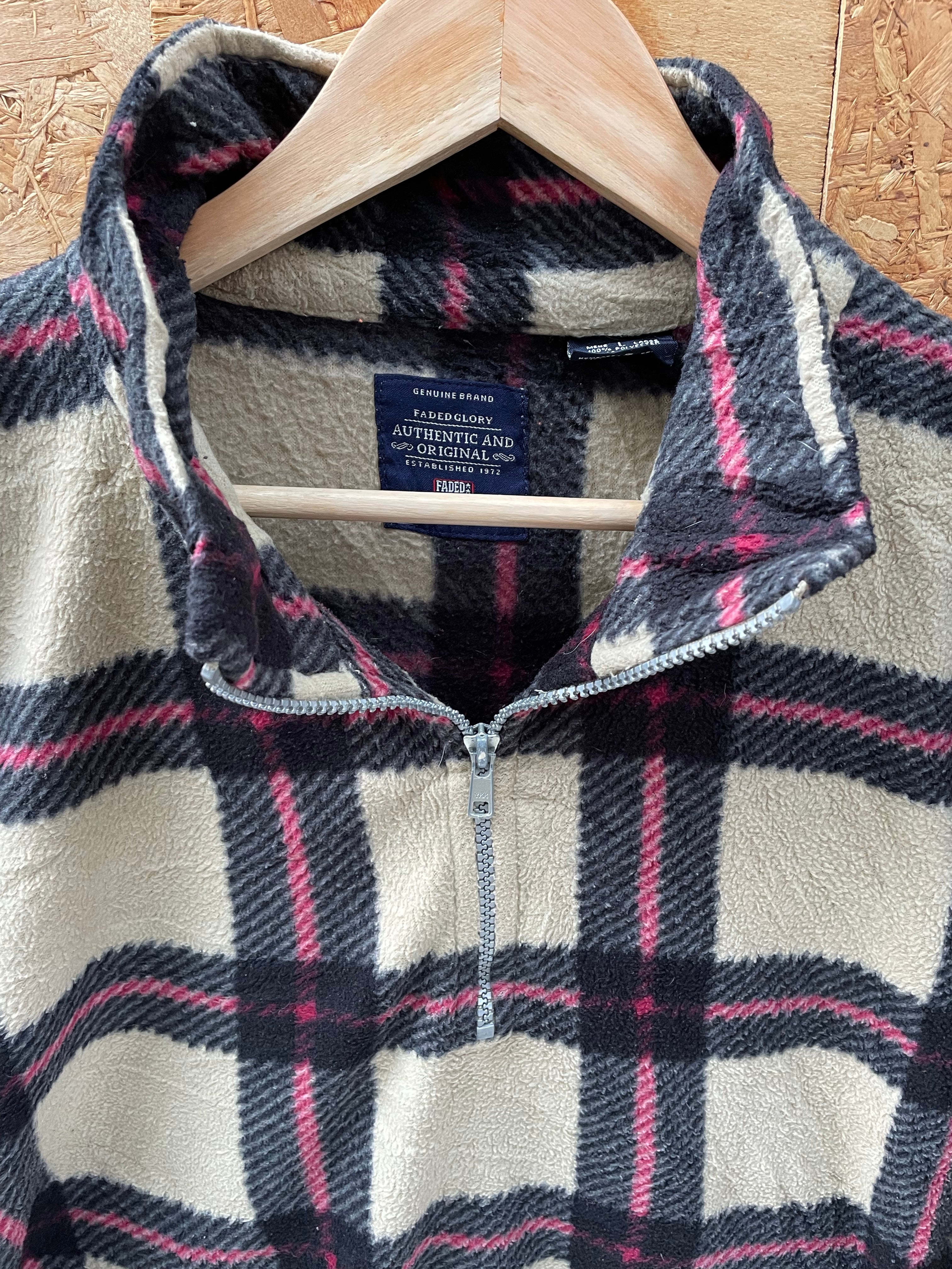 Vintage beige chunky check quarter zip fleece top by Faded Glory size XXL