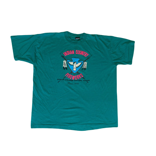 Vintage 80s turquoise green Indian Country Fireworks souvenir single stitch t-shirt size XXL