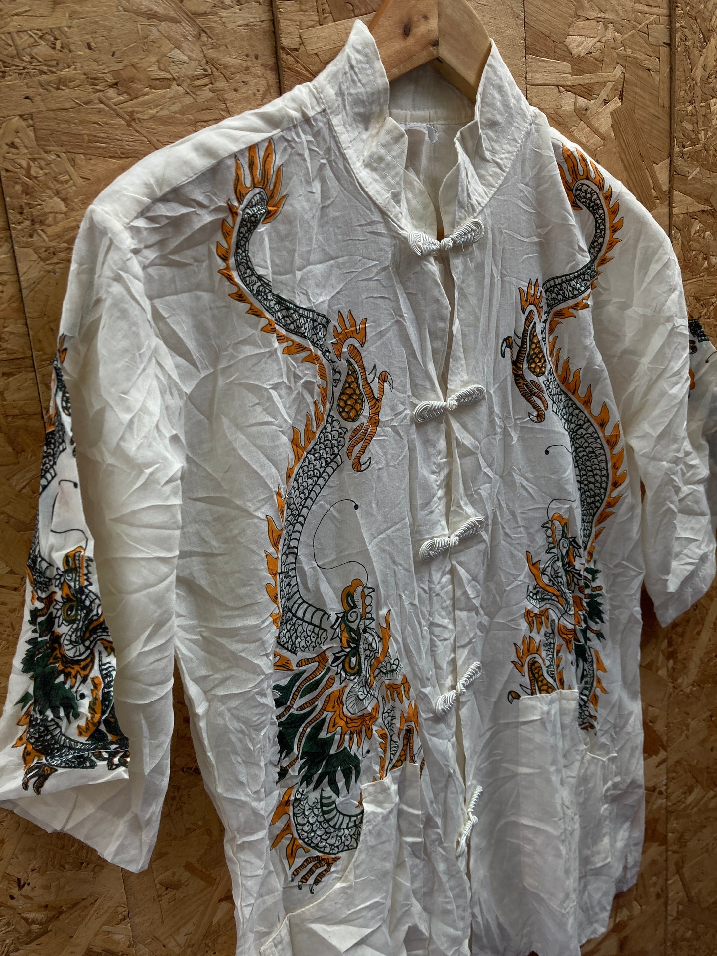 Vintage 90s cotton Chinese dragon block print traditional shirt size medium