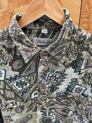 Vintage 90s ugly abstract grungy green brown paisley pattern long sleeve viscose shirt size large by