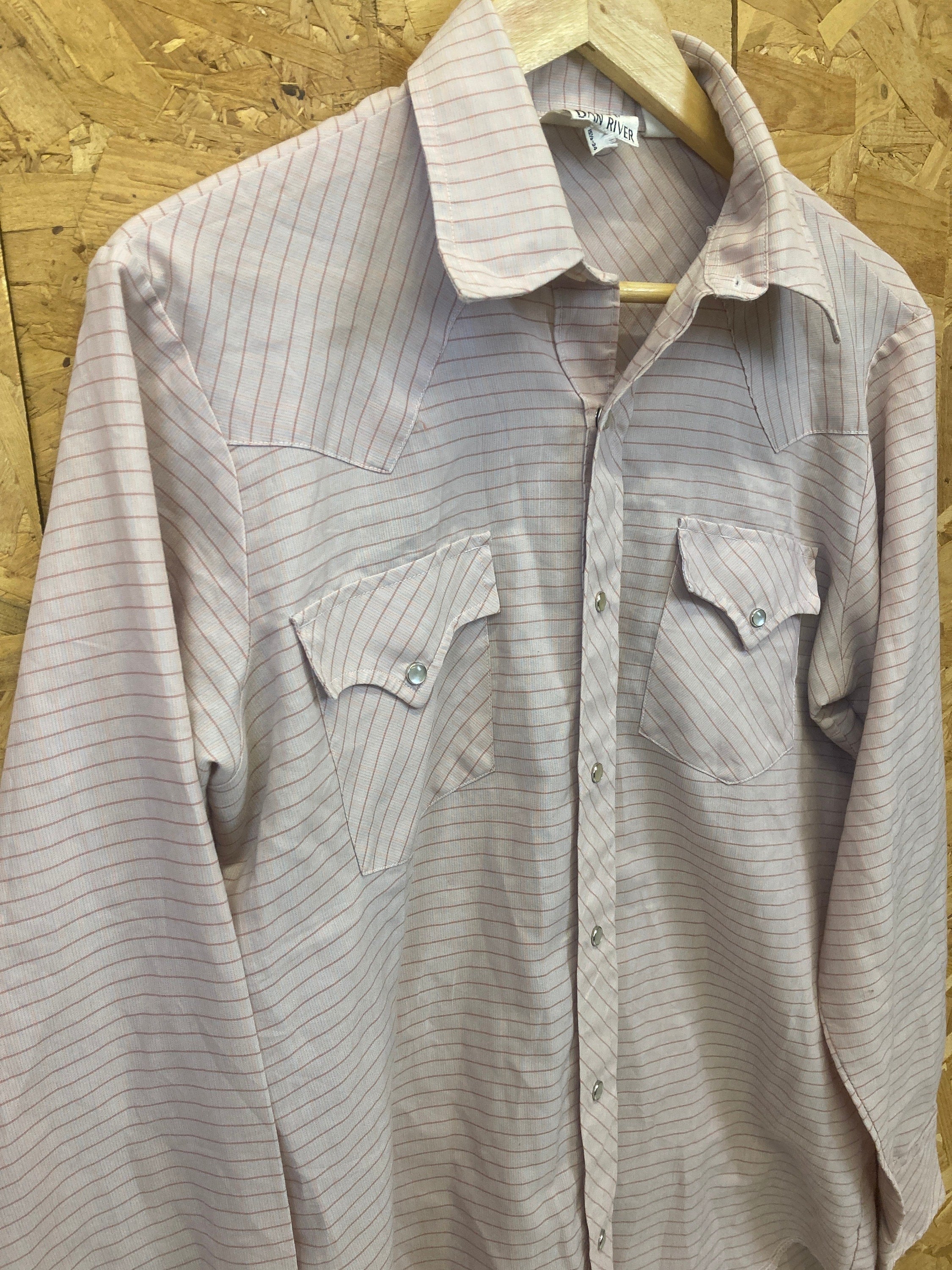 Vintage 80s light coral salmon grey pinstripe western cowboy shirt size 15.5” 34” medium by Dan Rive