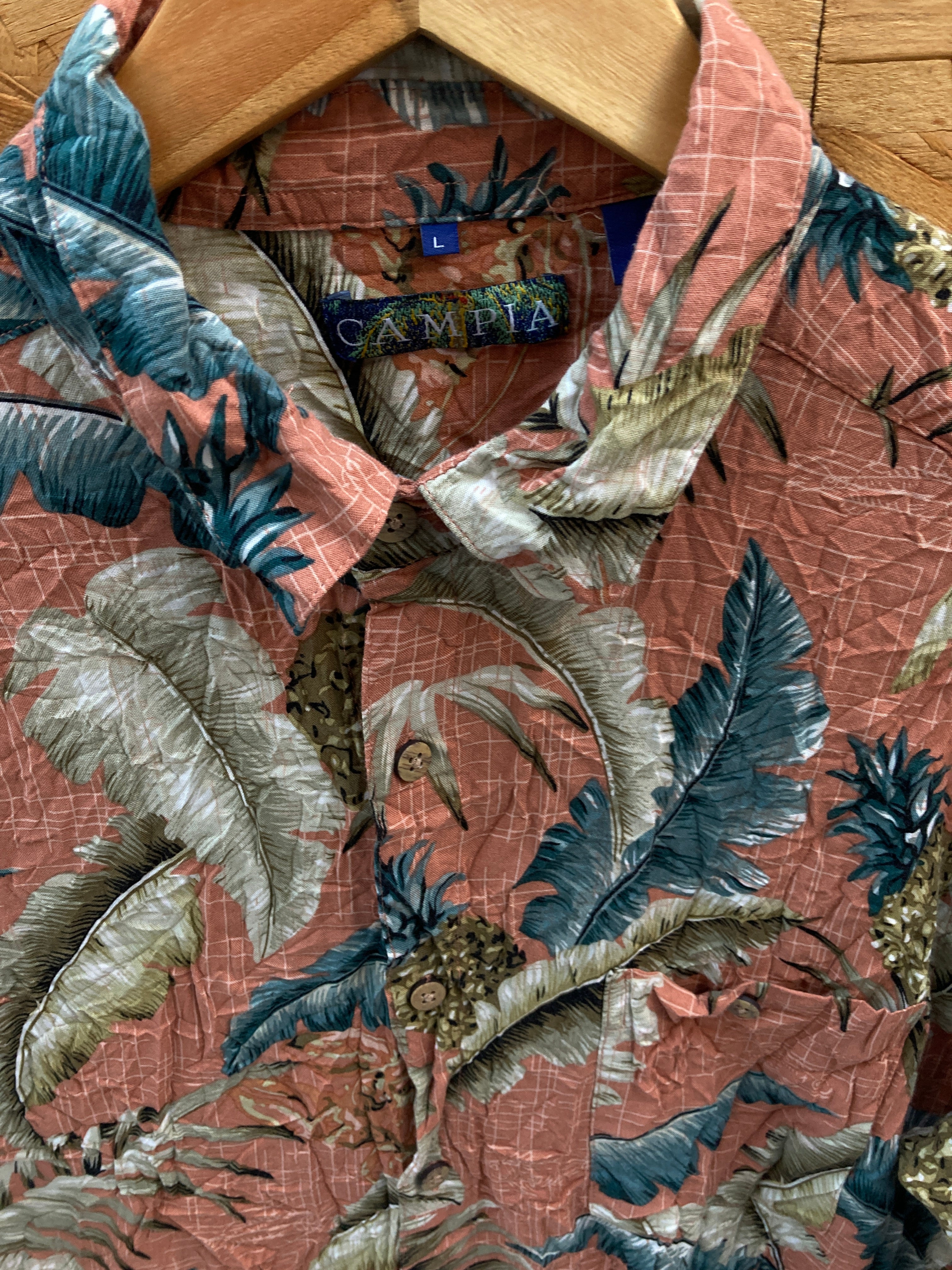 Vintage 90s rayon coral blue grey leaf pattern Hawaiian shirt size M by Campia