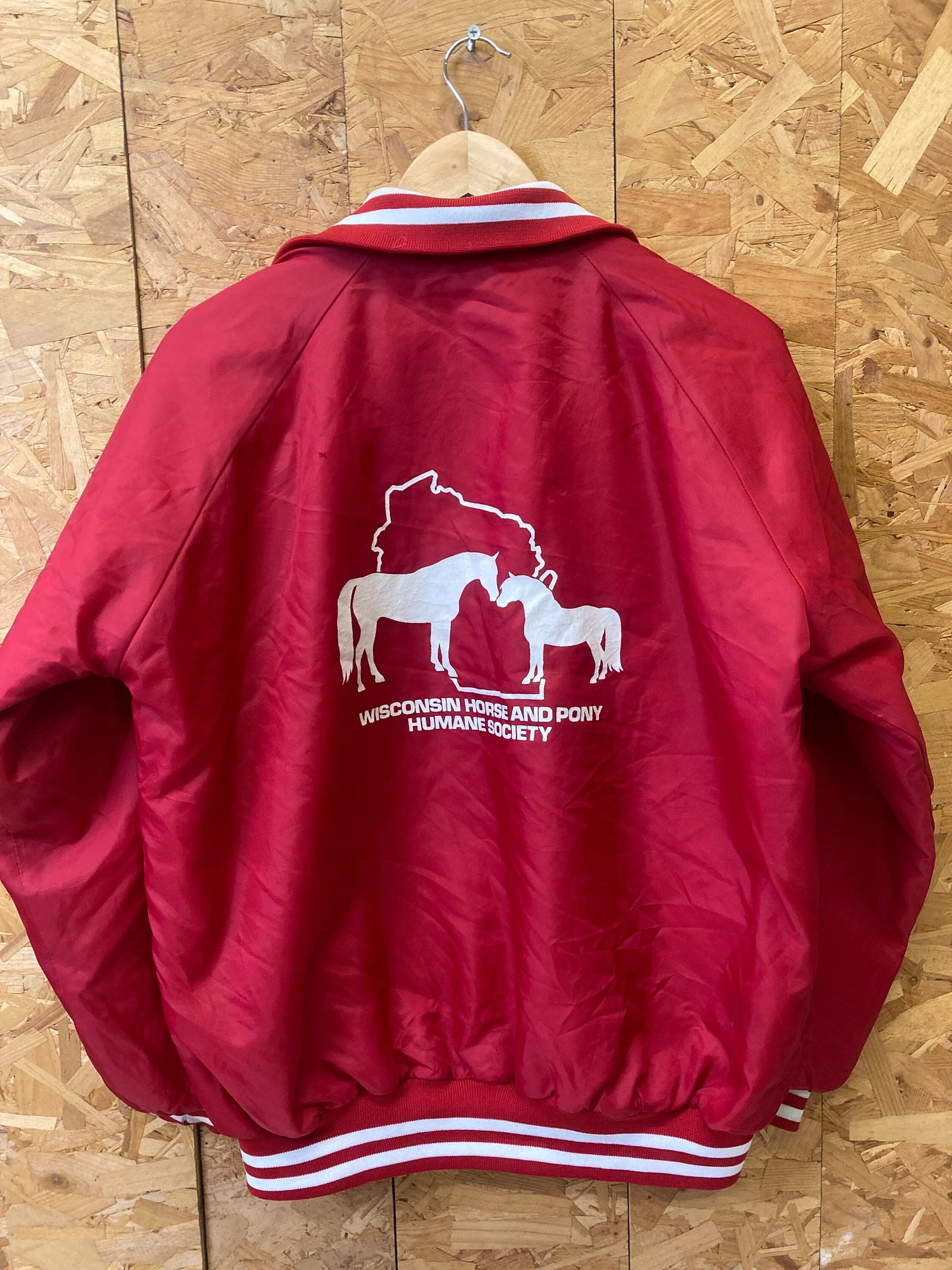 Vintage 80s Linda Wisconsin horse & pony humane society USA workwear college varsity satin lettterma