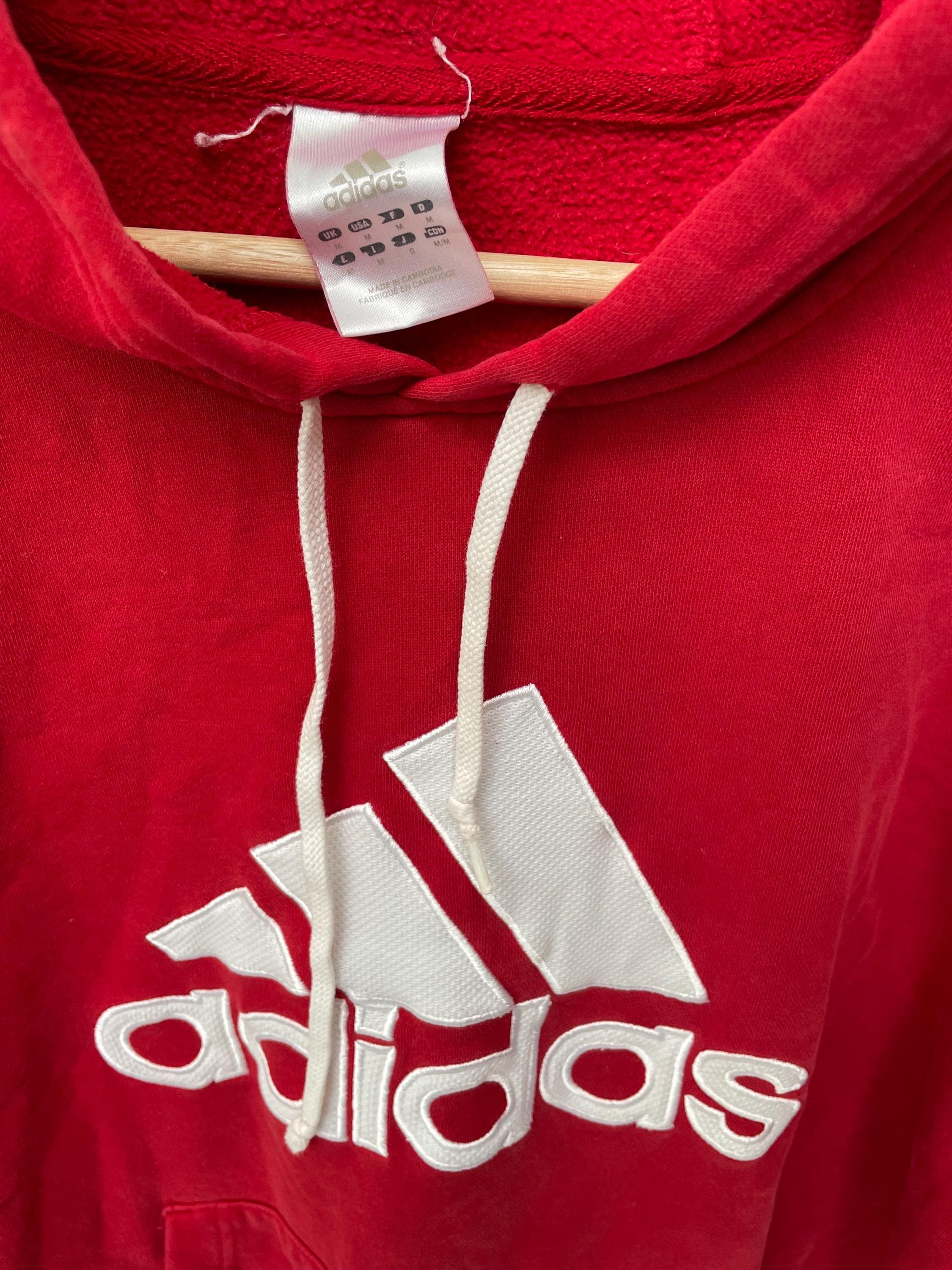 Vintage Y2K Adidas red spell out embroidered stripe logo hoodie size medium