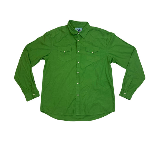 Vintage 90s cactus green cotton cowboy snap button twin pocket long sleeve western shirt size XL