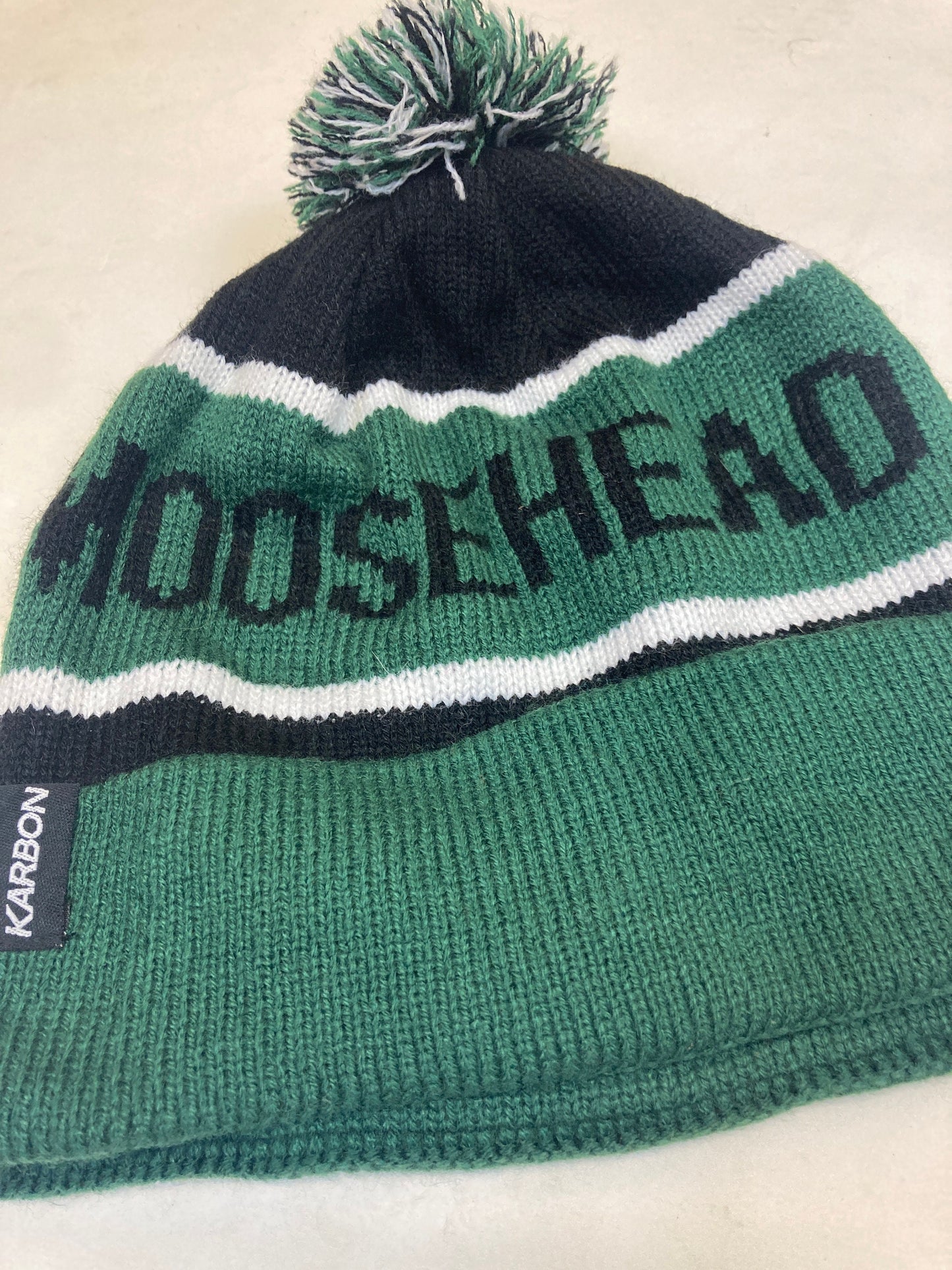 Vintage green black Moosehead spell out winter ice hockey beanie bobble hat