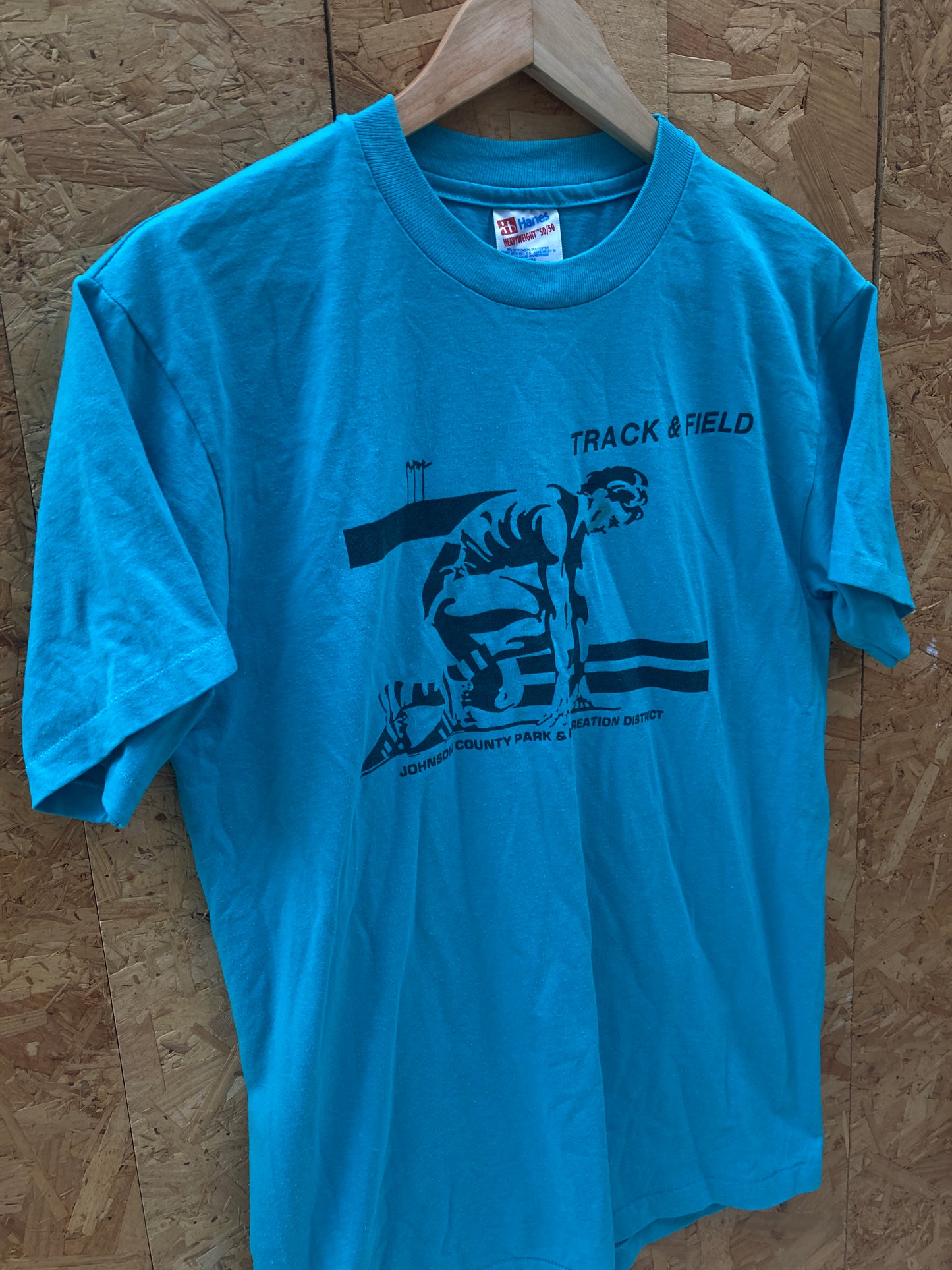 Vintage 90s Johnson County Track & Field turquoise single stitch t-shirt size M