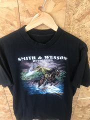 Vintage 1992 Smith & Wesson Revolvers USA 3d emblem cowboy rancher horses nature scene print black s