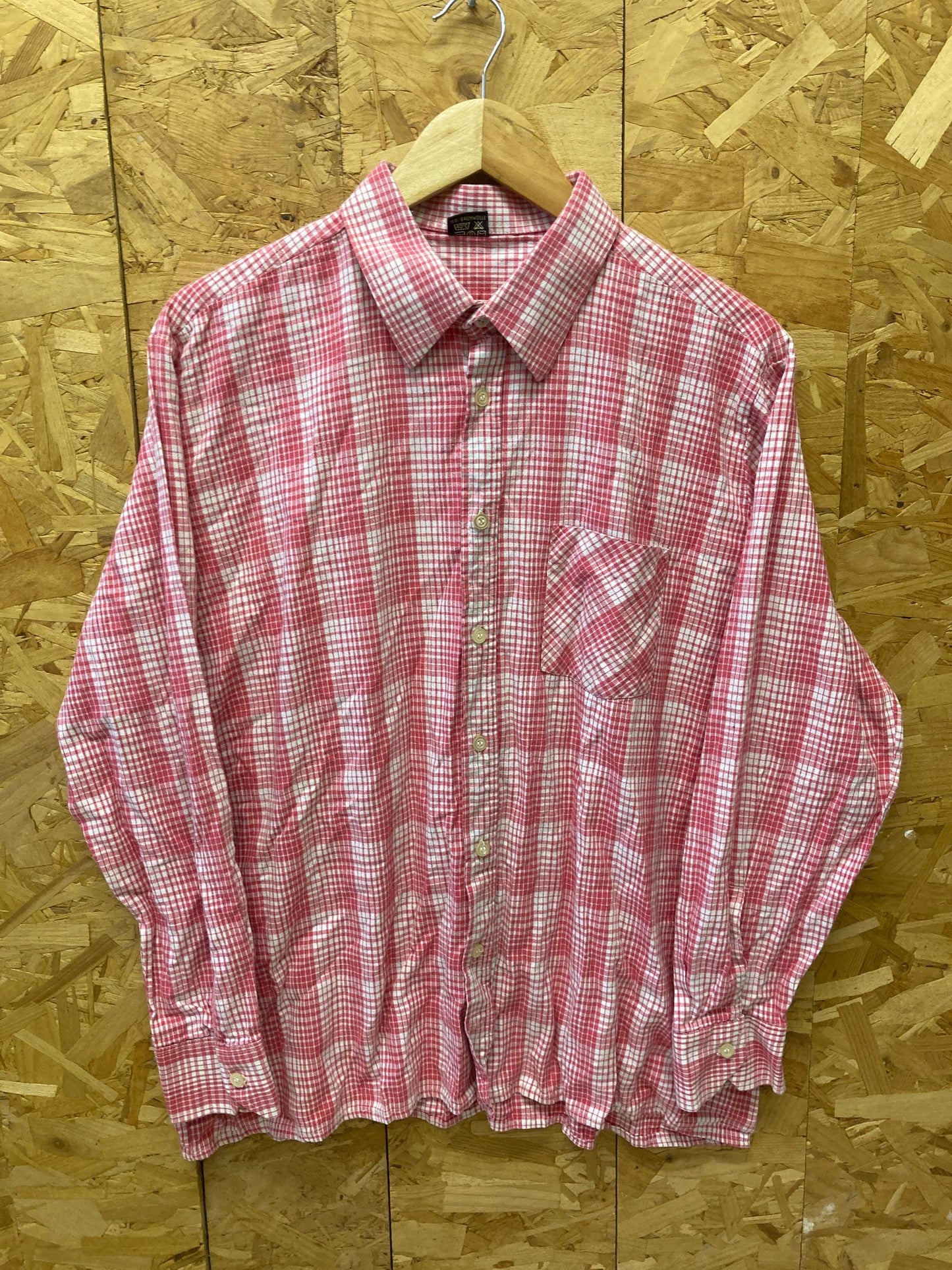 Vintage 80s red white pink gingham tablecloth check long sleeve Mod skinhead retro punk shirt size X