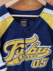 Vintage Y2K Fubu league 05 navy blue yellow spell out RIP Karl embroidered baseball jersey size XXL