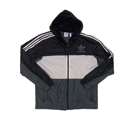 Vintage Y2K Adidas black grey white with 3 stripes windbreaker waterproof mesh inner hooded jacket s