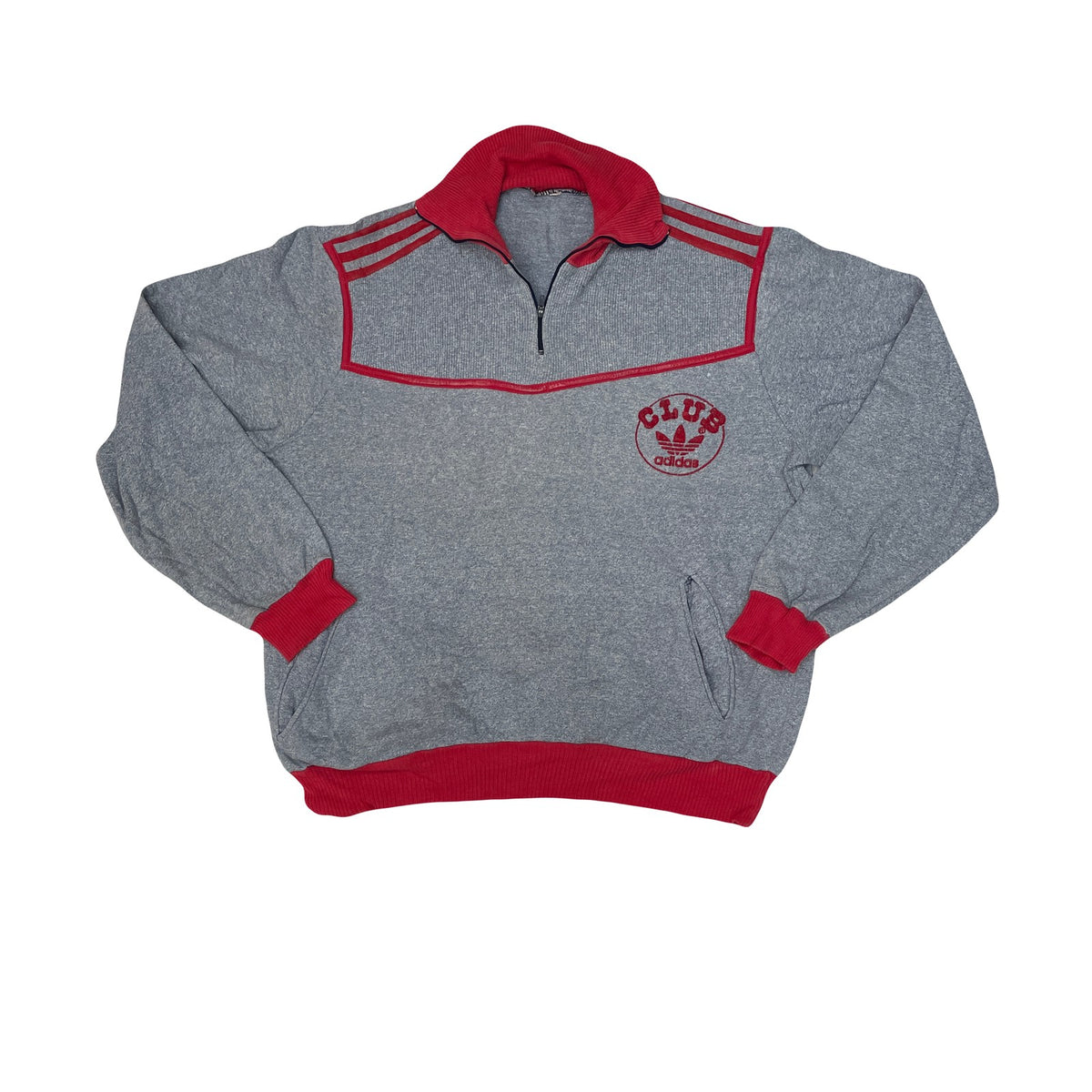 Vintage 80s Adidas Club Sweatshirt Grey Red 1/4 Zip Pullover Men's M Retro