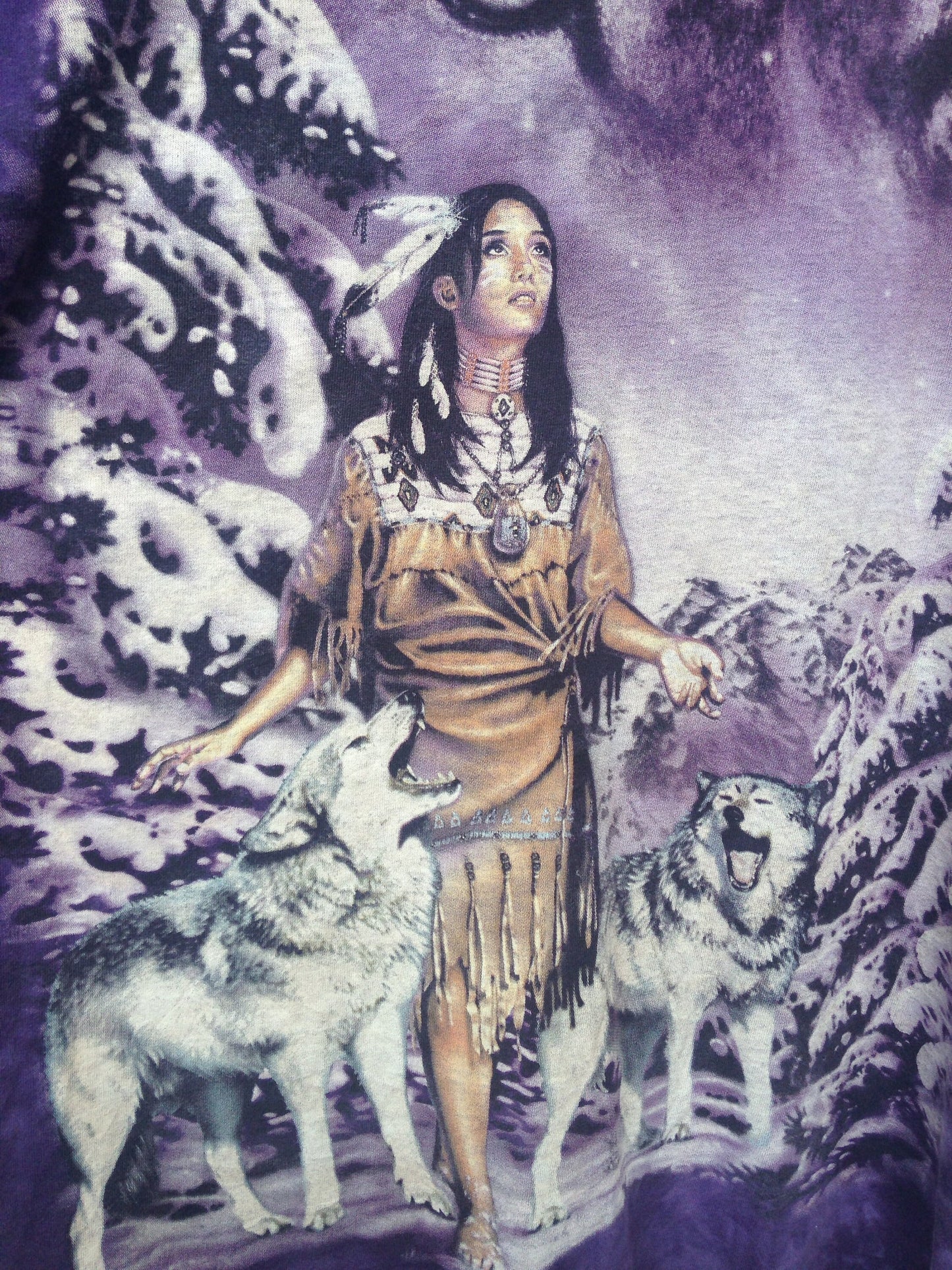 Vintage 90s The Mountain USA purple tie dye Native American Mystic Snow Wolf & Woman T-shirt size XL