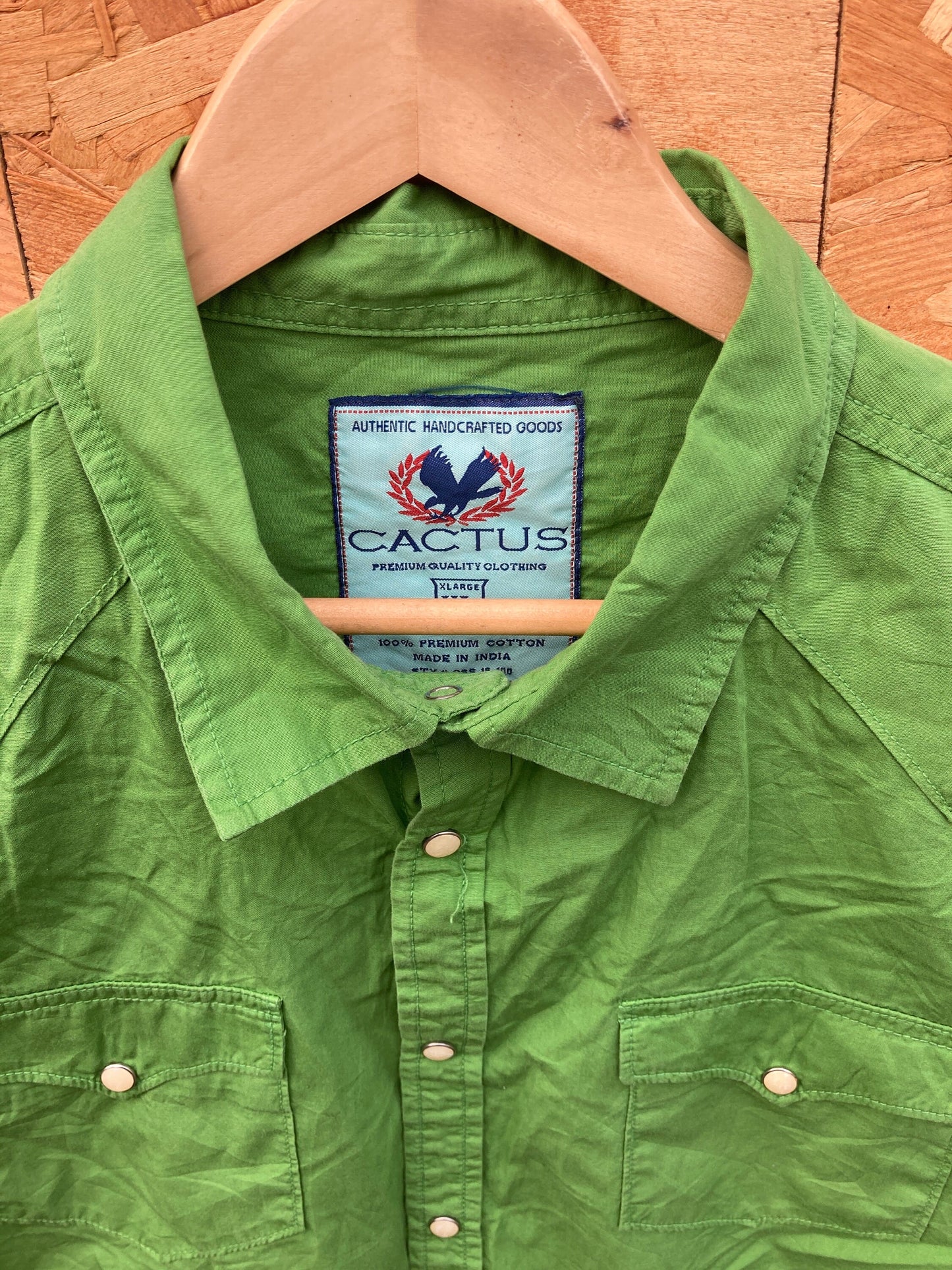 Vintage 90s cactus green cotton cowboy snap button twin pocket long sleeve western shirt size XL