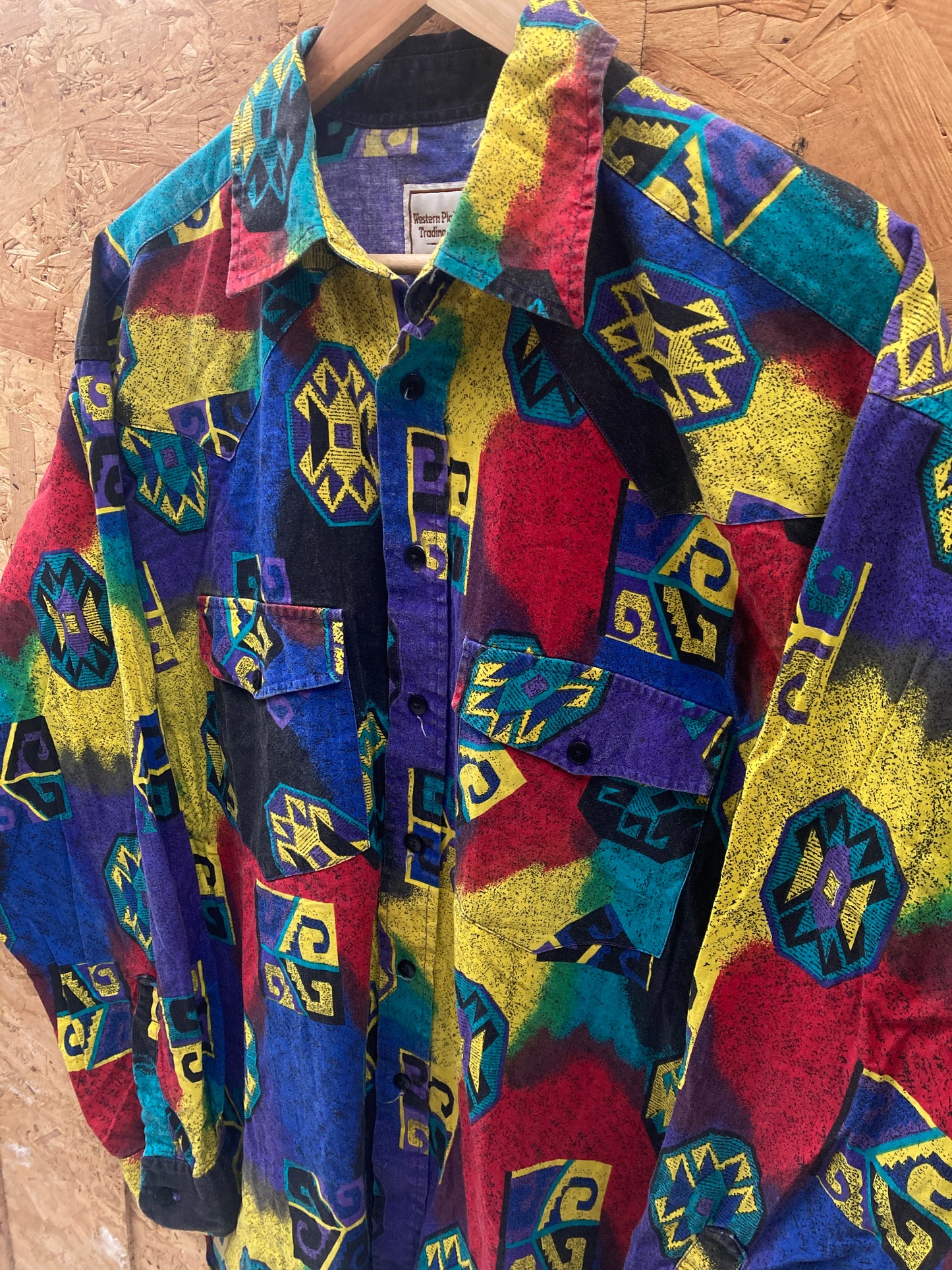 Vintage 90s blue red yellow abstract pattern western cowboy crazy shirt size L