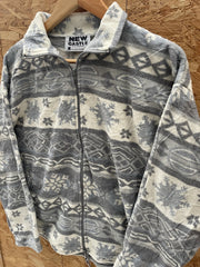 Vintage Nordic Crazy Fleece Jacket M Gray White Snowflake Pattern Zip Up Retro