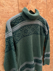Vintage 90s Acrylic wool mix green nordic pattern roll neck jumper size 38 small