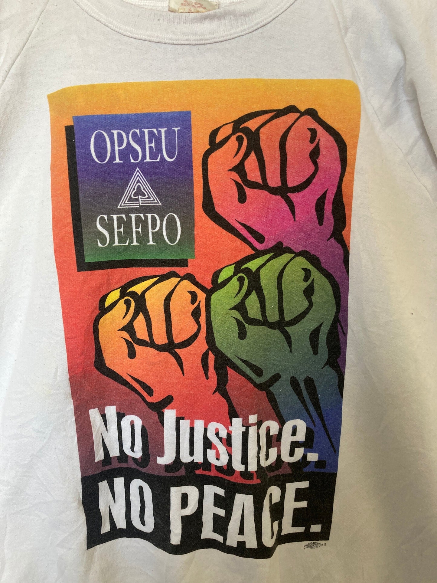 Vintage 96 Opseu ‘No justice No peace’ white crew neck sweater size extra large